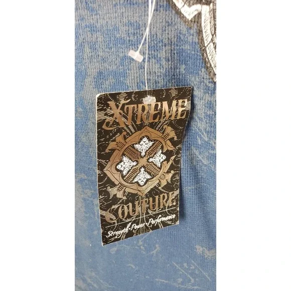 Xtreme Couture Shirt Mens Large Blue Thermal Long Sleeve Cross Wings Graphic - Picture 5 of 8